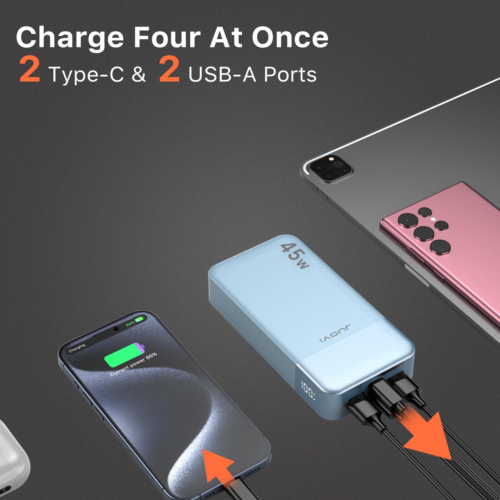 JUOVI Power Bank 20000mAh, 45W Caricatore Portatile Ricarica Rapida, PD QC 4.0 Batteria Esterna 4 Porte, con Display LED, caricabatterie portatile per MacBook, iPhone 15 14 13 Pro Samsung (Blu)