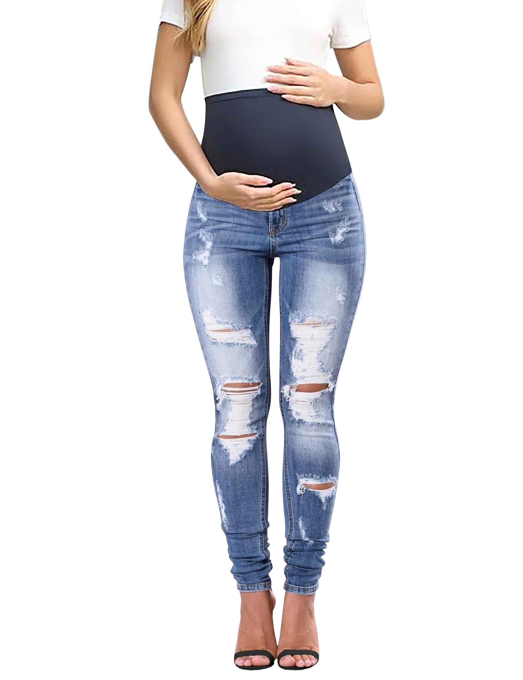 Fengbay Jeans premaman da donna sopra il pancione, in denim elasticizzato, strappati, vestibilità aderente, pantaloni premaman casual