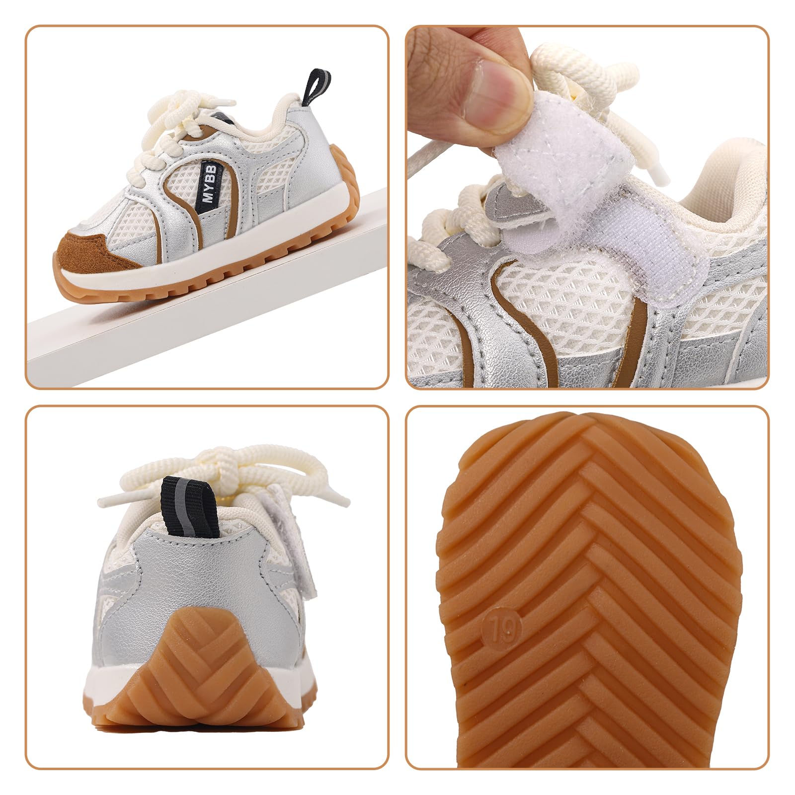 DUONITITI Toddler Boy Girl Sneakers Fixed-tie Flexible Baby Walking Running Tennis Athletic Shoes(Silver,9-12 Months)
