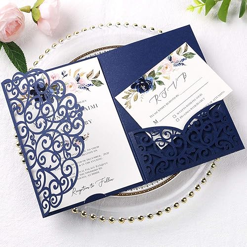 Vista 87 de ponatia 5.12 x 7.2 Invitaciones de boda de corte láser con purpurina negra, bolsillos de invitación triples cortados con láser con sobres