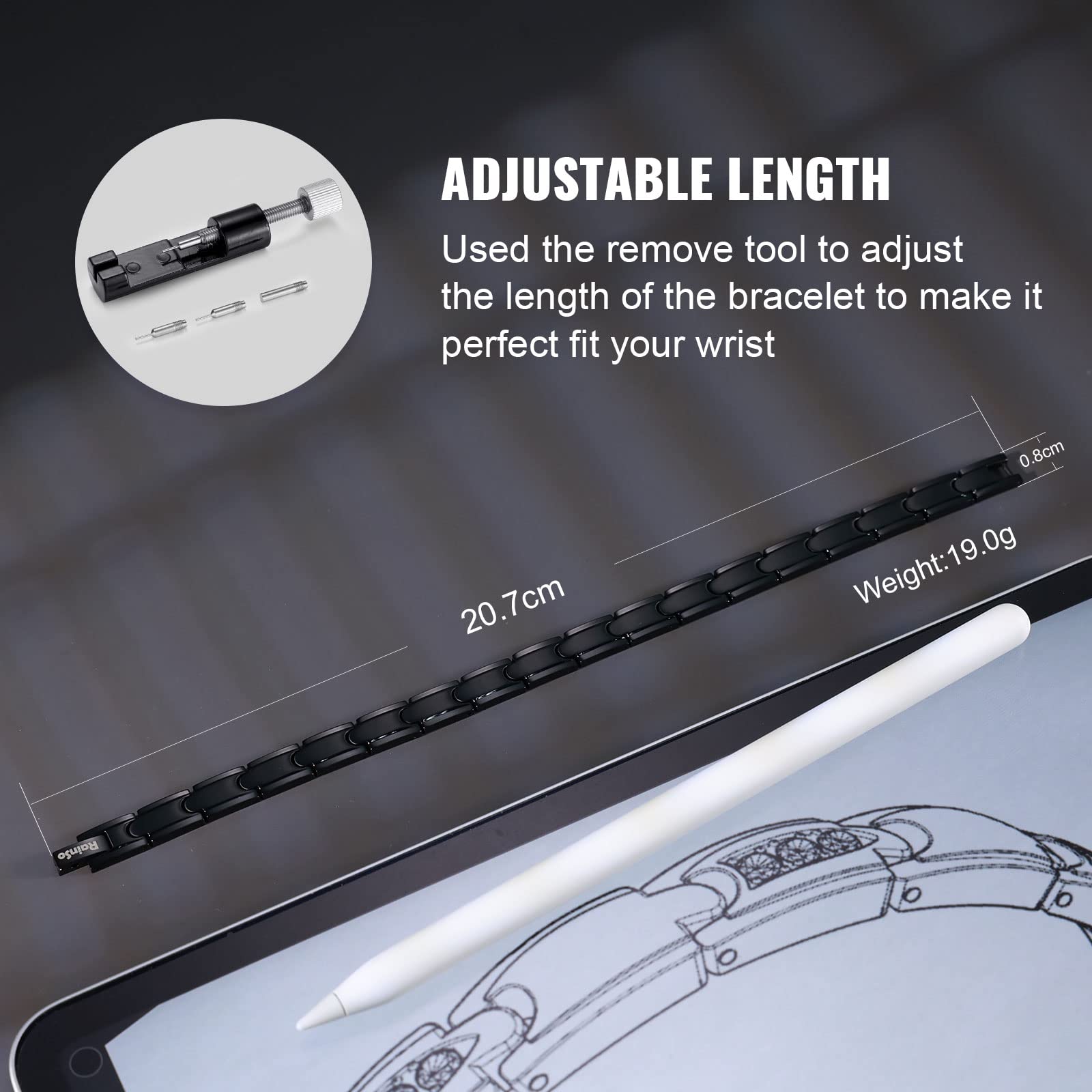 RainSo, un Bracelet Magnétique en Titane pur Romantique et à la Mode, en trois Couleurs de noir, Blanc et Gris-le Même Style Pour les Hommes et les Femmes-y Compris les Outils de Suppression. (Noir)