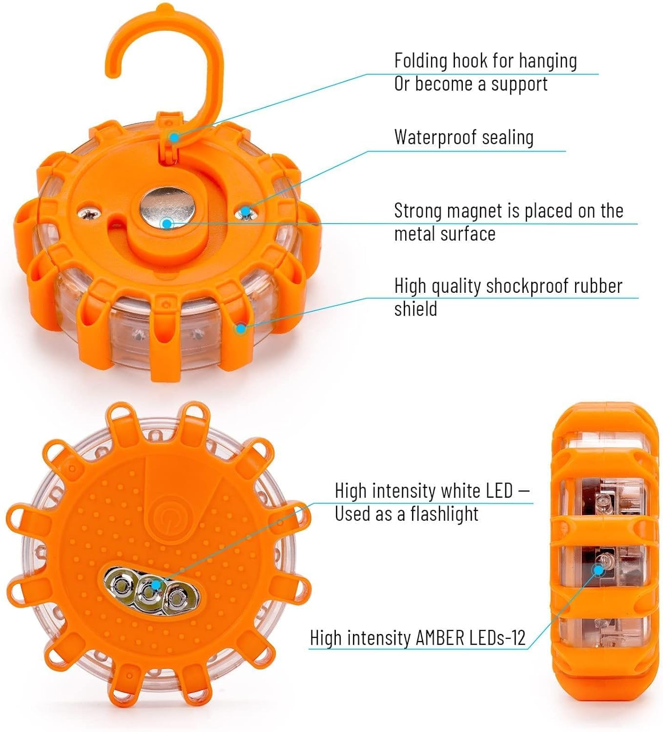 GP908 8 Pack LED Road Flares Emergency Roadside Lights Safety Flashing Warning Beacon Disc Warning Flare Kit with Hook Magnetic Base for Car Truck & 9 Flash Modes (Batteries Not Included)
