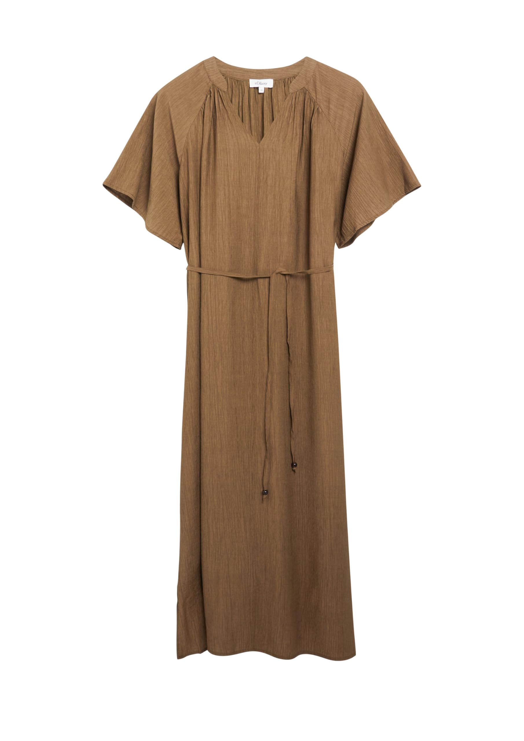 s.Oliver Damen Midi-Kleid – Relaxed Fit, strukturiert, Raffung, Bindegürtel, V-Ausschnitt