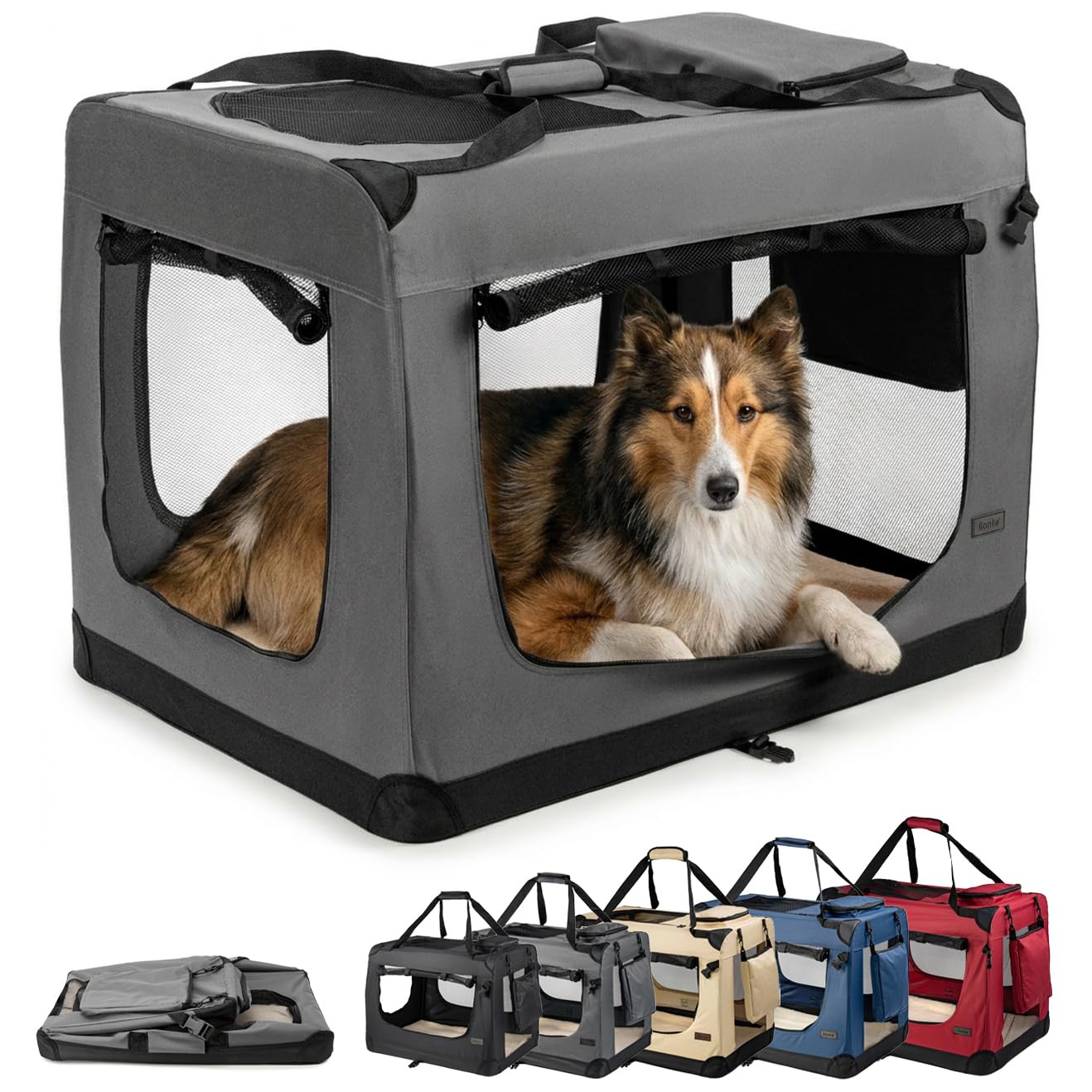 lionto Dog transport box foldable for travel & car, 90x61x65 cm, sturdy transport box with carrying handles & blanket for cats & dogs up to 22 kg, sturdy fabric dog box for small & large, grey