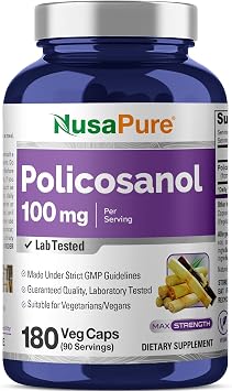 NusaPure Policosanol, Non-GMO, Vegan, 100mg, 180 Veg Capsules - 90 Servings | Plant Based Formula, Sugar cane, Suitable for Adults, Manufactured in cGMP Registered Facility USA