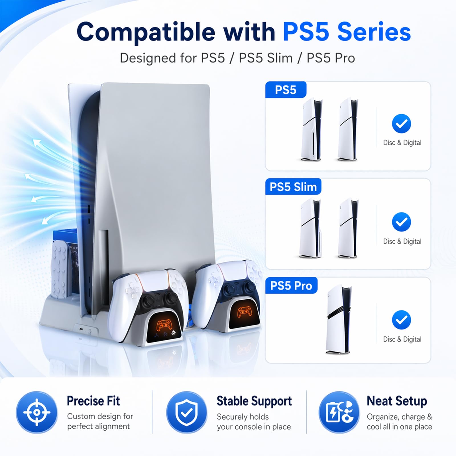 Stazione di raffreddamento per PS5/Slim/Pro/Disc e digitale, supporto di raffreddamento bianco con stazione di ricarica doppio controller PS5, ventola di raffreddamento a 3 livelli, slot multifunzione