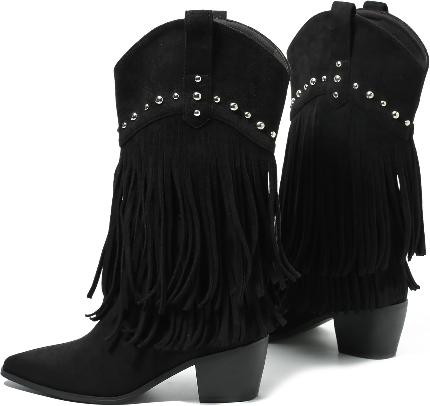 fereshte Women's Western Fringe Boots, Mid-Calf Cowgirl Boot with Studded Detail, Stacked Block Heel, Layered Tassel Design