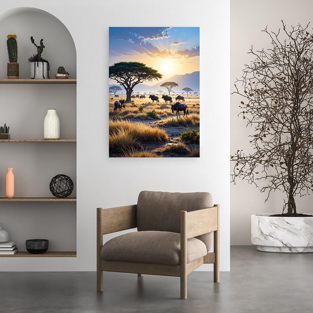 Feeby Wandbilder - Bilder Schlafzimmer - Afrikanische Tiere Savanne - 60x90 1tlg - Wohnzimmer Bild Groß - Wohnungs - Foto Geschenk - Leinwand Wall Art - Wand Deko