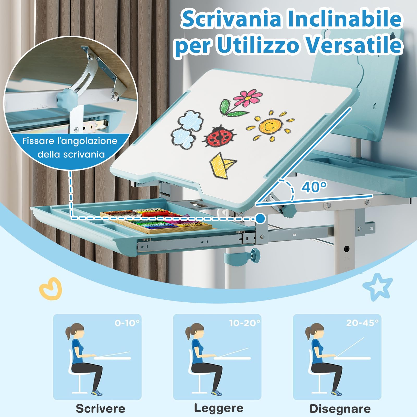 RELAX4LIFE Scrivania per Bambini con Sedia, Set Tavolo da Studio con Piano Inclinabile, Altezza Regolabile, Supporto per Libri, Portabicchieri, Cassetto Estraibile, Sedia Ergonomica (Blu)