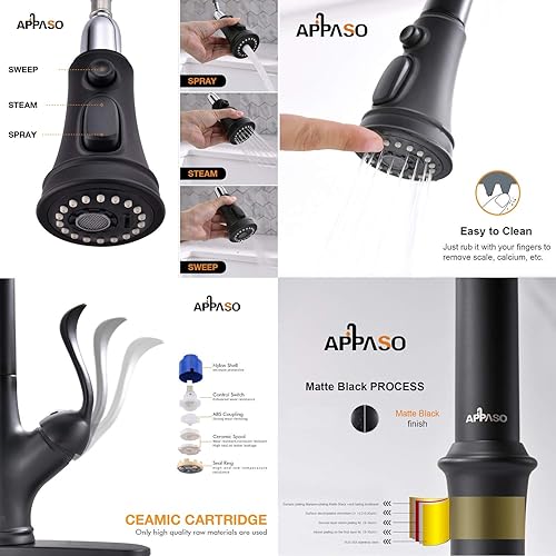 Miniatura 10 de APPASO Grifo de cocina extraíble con rociador extraíble, negro mate y oro rosa con rociador de fácil extracción, grifo de fregadero de cocina