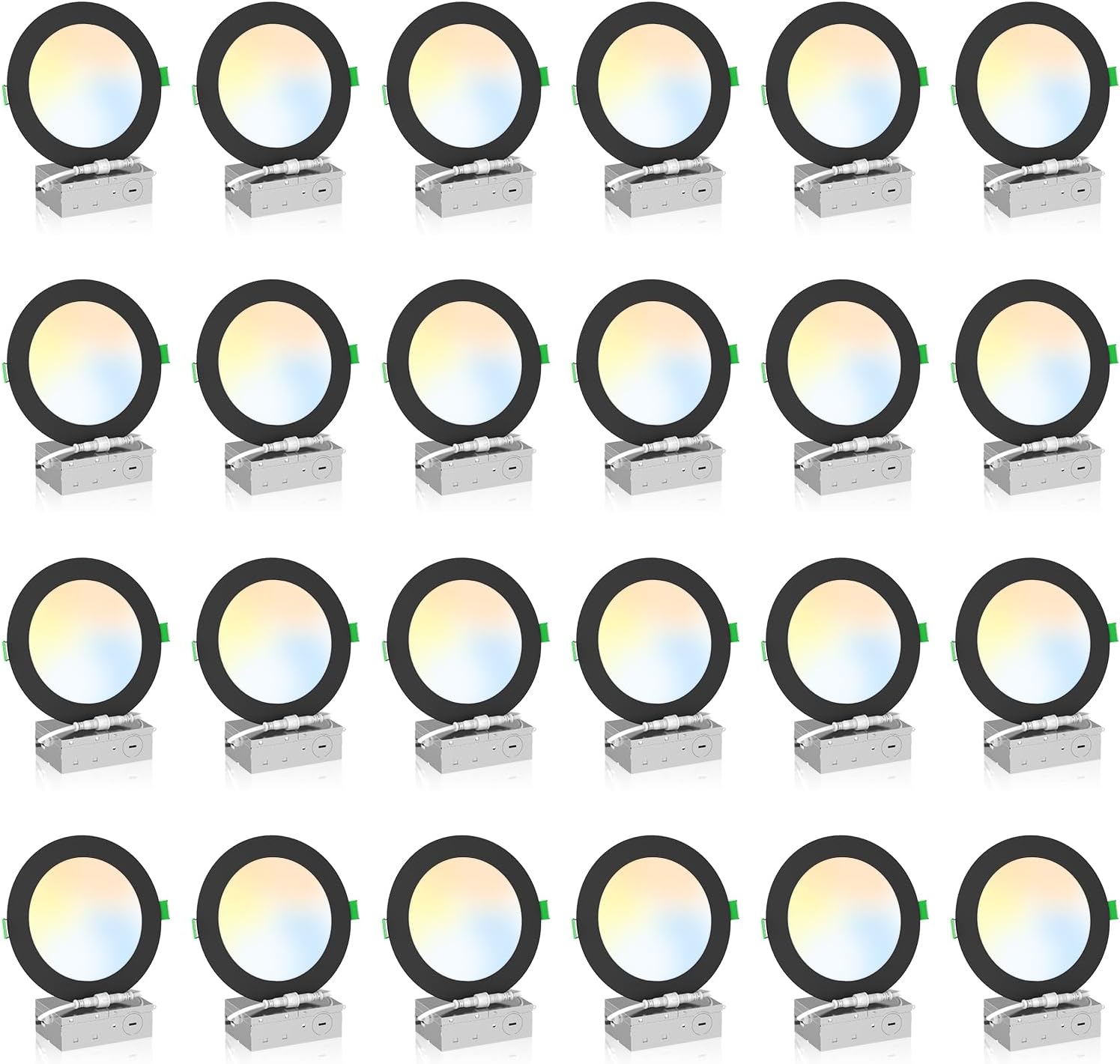 ALUSSO LIGHTING 24 Pack 6 Inch 5CCT Ultra-Thin LED Recessed Ceiling Light with Junction Box, 2700K-5000K Selectable, 12W 1100LM Dimmable Canless Wafer Downlight, Damp Rated -ETL&FCC (Black)