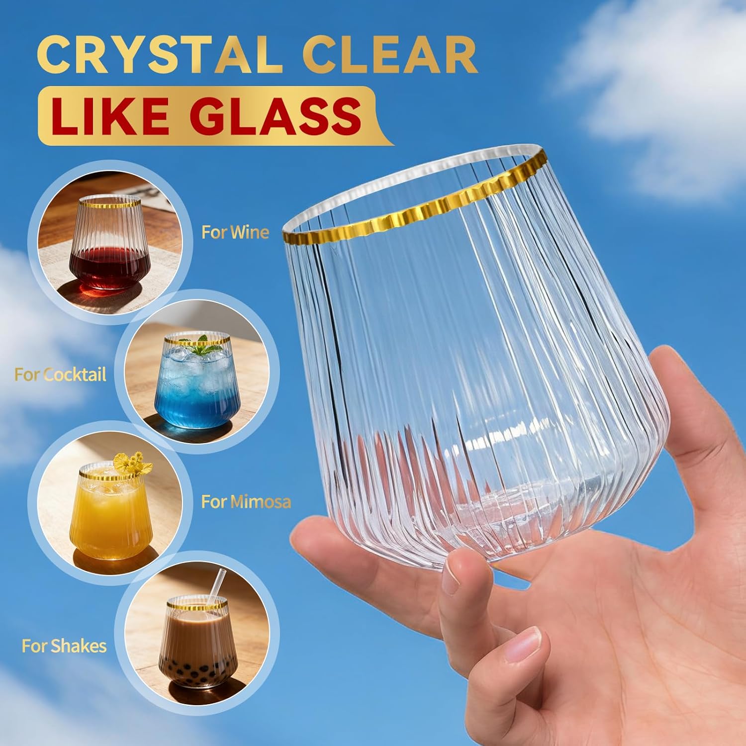 40 Pack Plastic Gold Rim Ribbed Wine Glasses 12oz Origami Unbreakable Clear Plastic Cocktail Glasses Elegant Durable Stemless Reusable Champagne Whiskey Wine Glasses Ideal for Wedding, Christmas