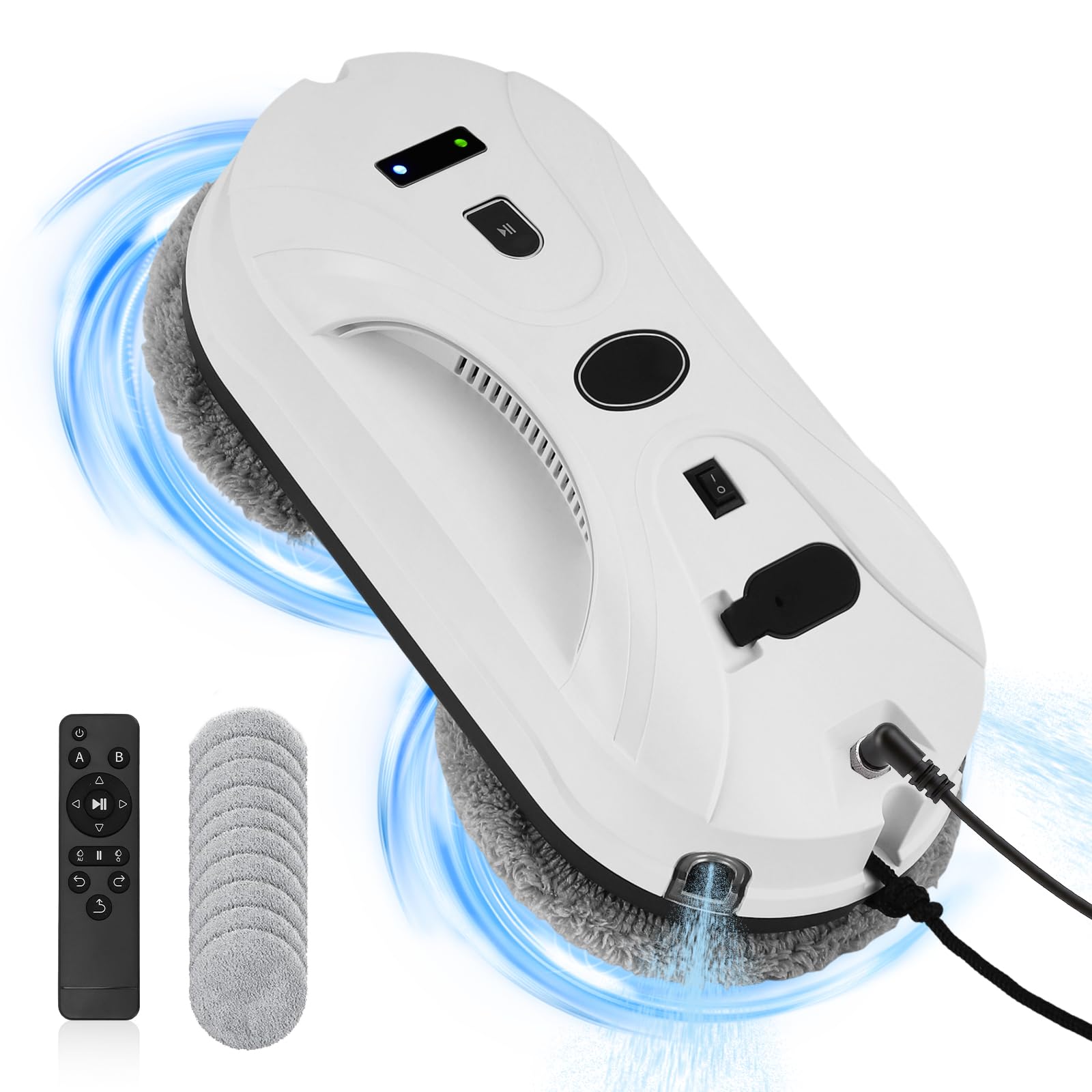 Robot Laveur de Vitre, 5800Pa Robot Nettoyeur Vitre avec Double Pulvérisation D'eau, 3 Modes de Nettoyage, Télécommande, Navigation Intelligente, Protection Antichute＆10 Chiffons, Pour Surfaces Lisses