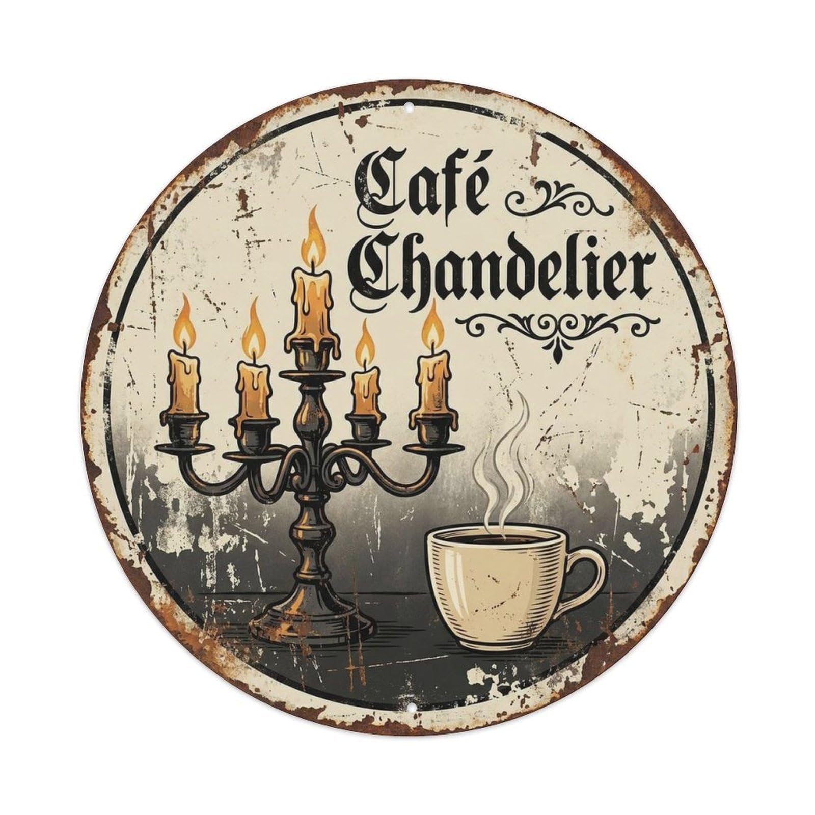 Flame Coffee Shop Brew Latte Candelabra Cafe Espresso Metal Tin Sign Plaque Wall Decor for Cafe, Man Cave, Club Bar, Office, Home Garden Round Metal Poster 8x8Inch