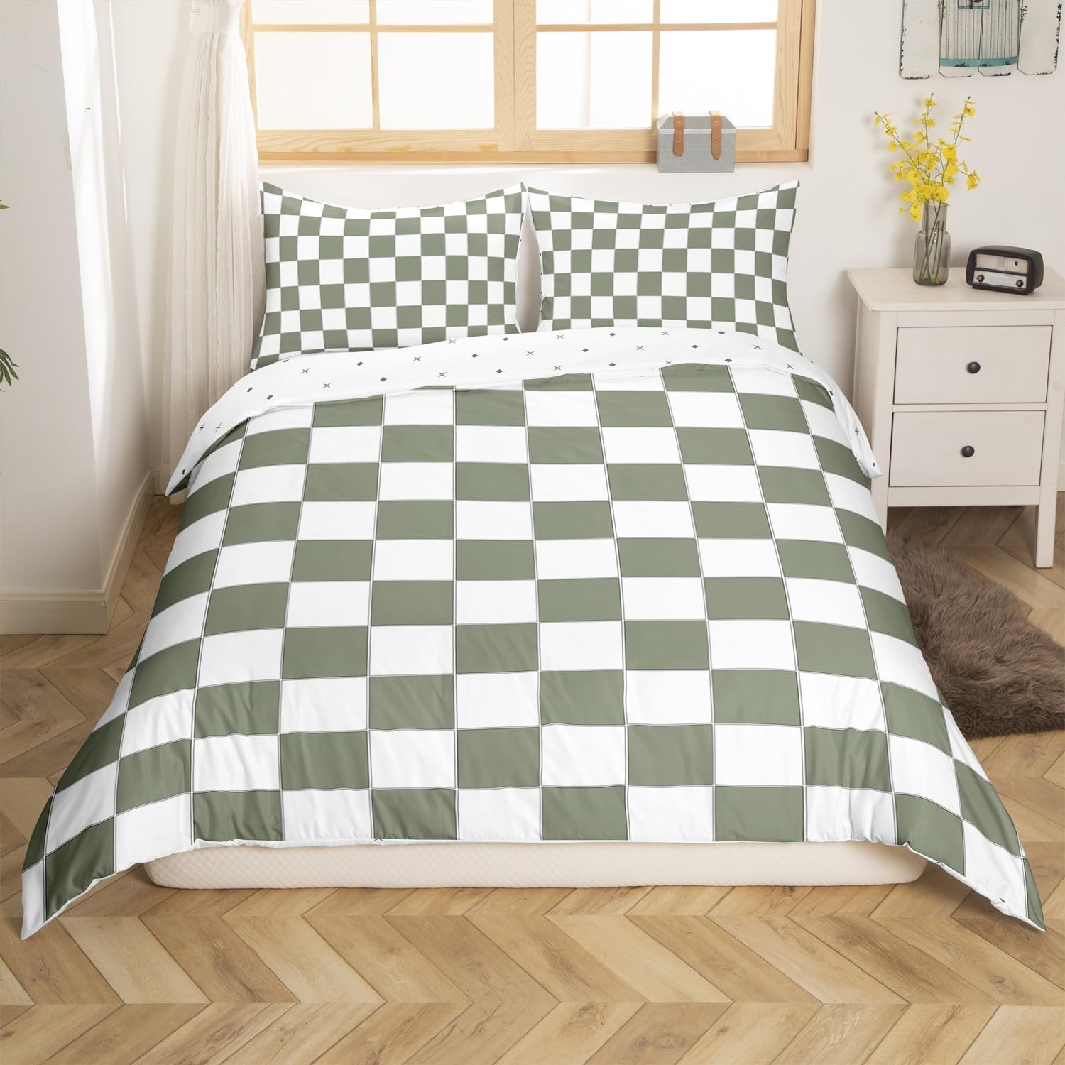 Homewish White Sage Green Checkered Bedding Set Buffalo Plaid Grid Comforter Cover Single For Kids Adults Men Women Checkerboard Duvet Cover Aesthetics Gingham Quilt Cover Modern Room Decor - Image 2