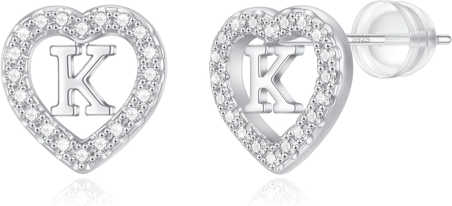 Initial Heart Earrings for Girls - Sterling Silver/Rose Gold Heart Initial Stud Earrings for Little Girls Kids Baby Earrings Non Tarnish Hypoallergenic Earrings for Teen Girls Gifts Jewelry Sterling Silver Earring Post