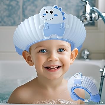 Baby Shower Cap Shield, Shower Cap for Kids, Visor Hat for Eye and Ear Protection for 0-9 Years Old Children, Cute Little Dinosaur Shape Makes The Baby Bath More Fun Blue | Ages 0-9 Years, Kids Visor Hat, Bath Time Fun, Eye & Ear Shield