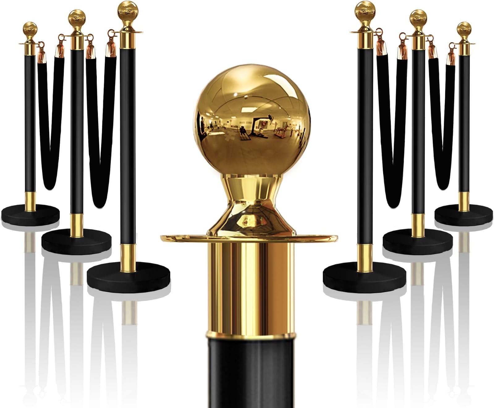 6PCS Black-Gold Stanchions Posts with 4PCS 5 ft Red Velvet Rope, Red Velvet Rope Stanchion Set Crowd Control Barriers, Stanchions and Velvet Ropes Red Carpet Poles for Party Supplies