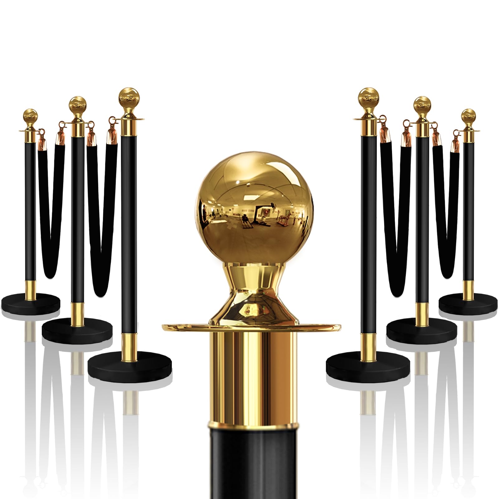 6PCS Black-Gold Stanchions Posts with 4PCS 5 ft Red Velvet Rope, Red Velvet Rope Stanchion Set Crowd Control Barriers, Stanchions and Velvet Ropes Red Carpet Poles for Party Supplies