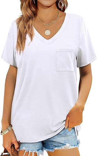 Miniatura 3 de Geifa Camisetas de manga corta con cuello en V para mujer camisetas casuales de verano con bolsillo