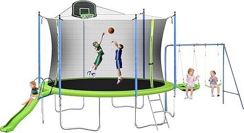 Lyromix Trampolín de 12 pies de 14 pies con tobogán y columpios, cama elástica recreativa grande aprobada por ASTM con aro de baloncesto y escalera,