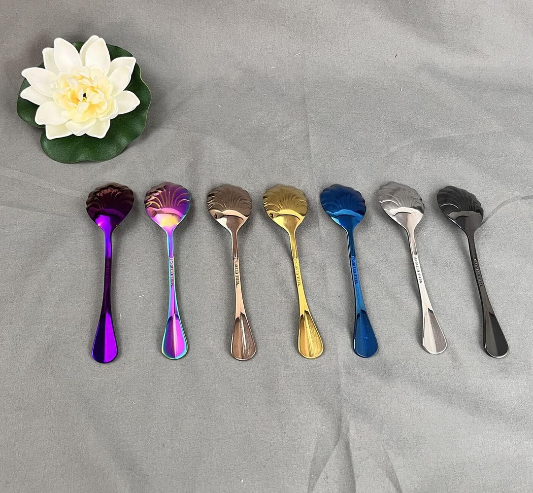 Shell Shape Tea Spoon Set, Colorful Stainless Steel Tea Dinner Table Mixing Spoon Kit, Dessert Coffee Sugar Spoon for Ice-cream, Milkshake, Coffee and More, 5.1 Inches, Set of 7