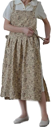 Delantal japonés de algodón con espalda cruzada para mujer con bolsillos