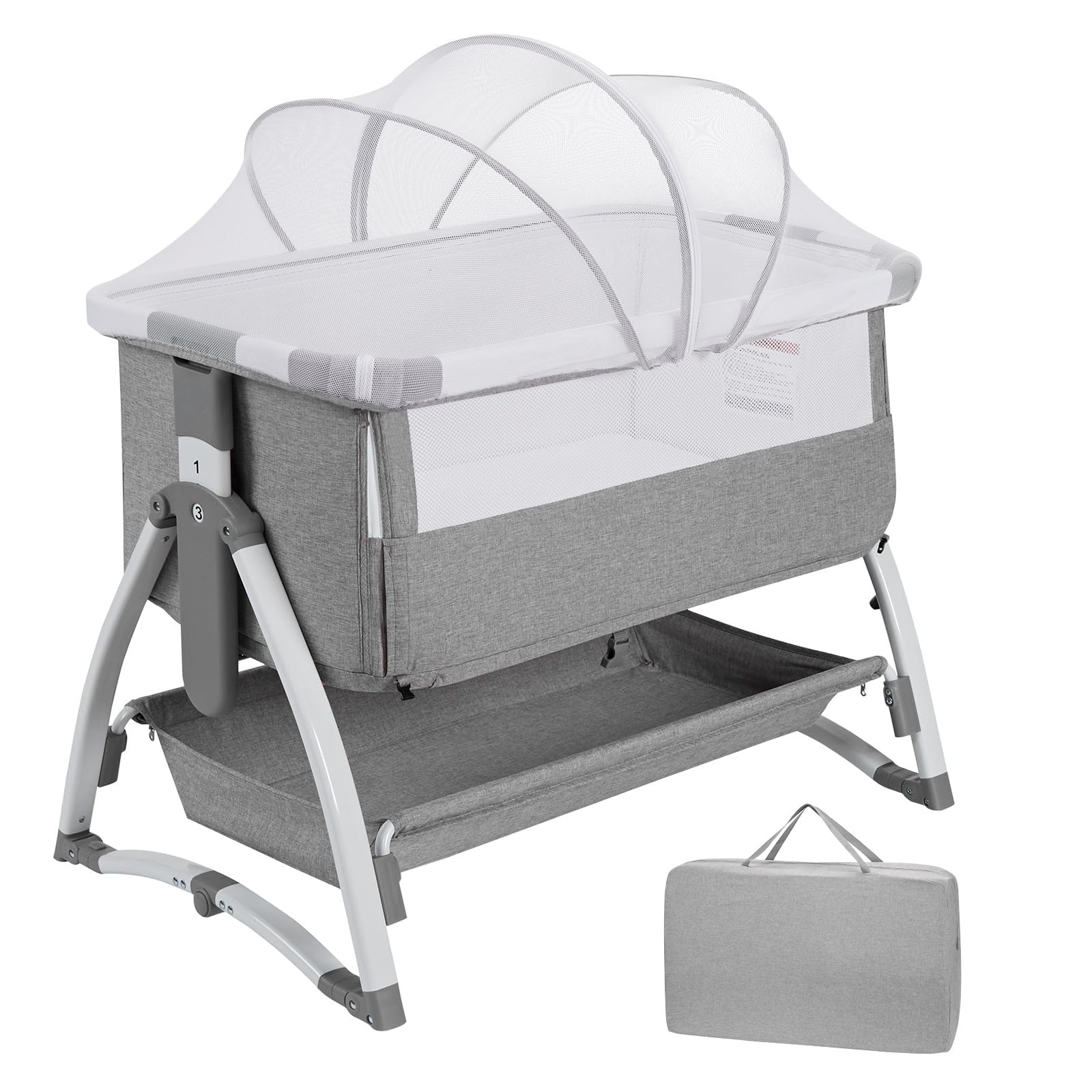 GarveeHome 3 in 1 Baby Beistellbett, Klappbares Beistellbett, Babywiege Mit Matratze Und Moskitonetz, Höhenverstellbar, Mit Reisetasche, Für Babys Von 0 Bis 36 Monaten, Hellgrau