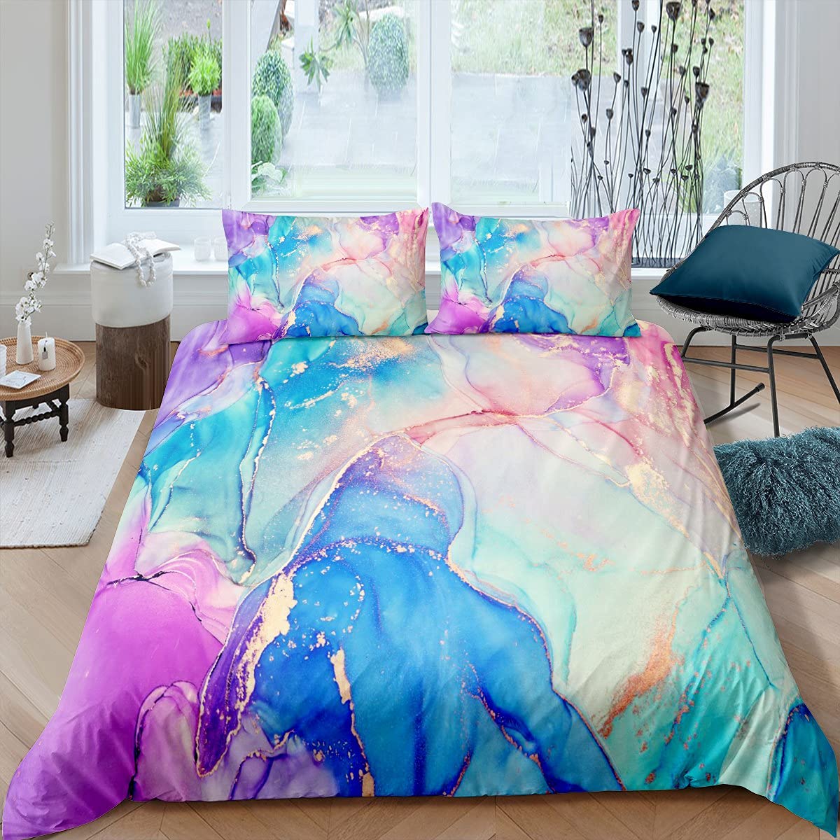Housse de couette et 2 taies d'oreiller motif marbre abstrait grand lit enfant