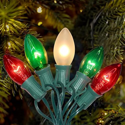 Miniatura 16 de Tira de luces LED multicolor de Navidad de 16 pies para exteriores con 10 bombillas C7 transparentes jumbo multicolor, luces de Navidad colgantes