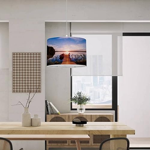 Miniatura 7 de Lámpara colgante enchufable de madera con muelle de madera, barco de pesca al atardecer en un lago Finlandia, lámpara colgante con enchufe de cable