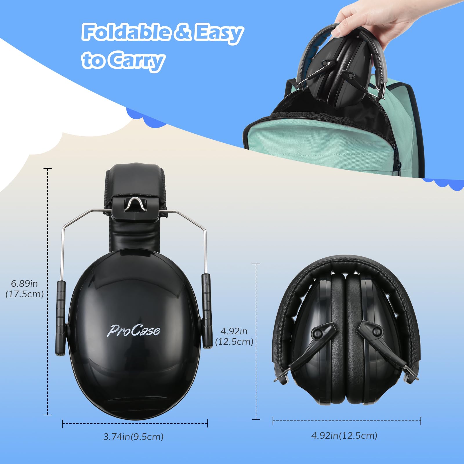 Procase Casco Anti Rumore Bambino, Casco Pieghevole Regolabile Confortevole, Con Attenuazione SNR 34dB, Cerchietto Morbido per Medio Rumore o Stressante