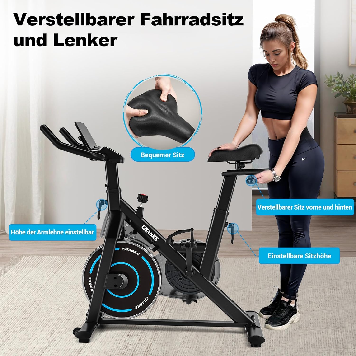 Diagram showing adjustable seat and handlebar positions on the exercise bike.