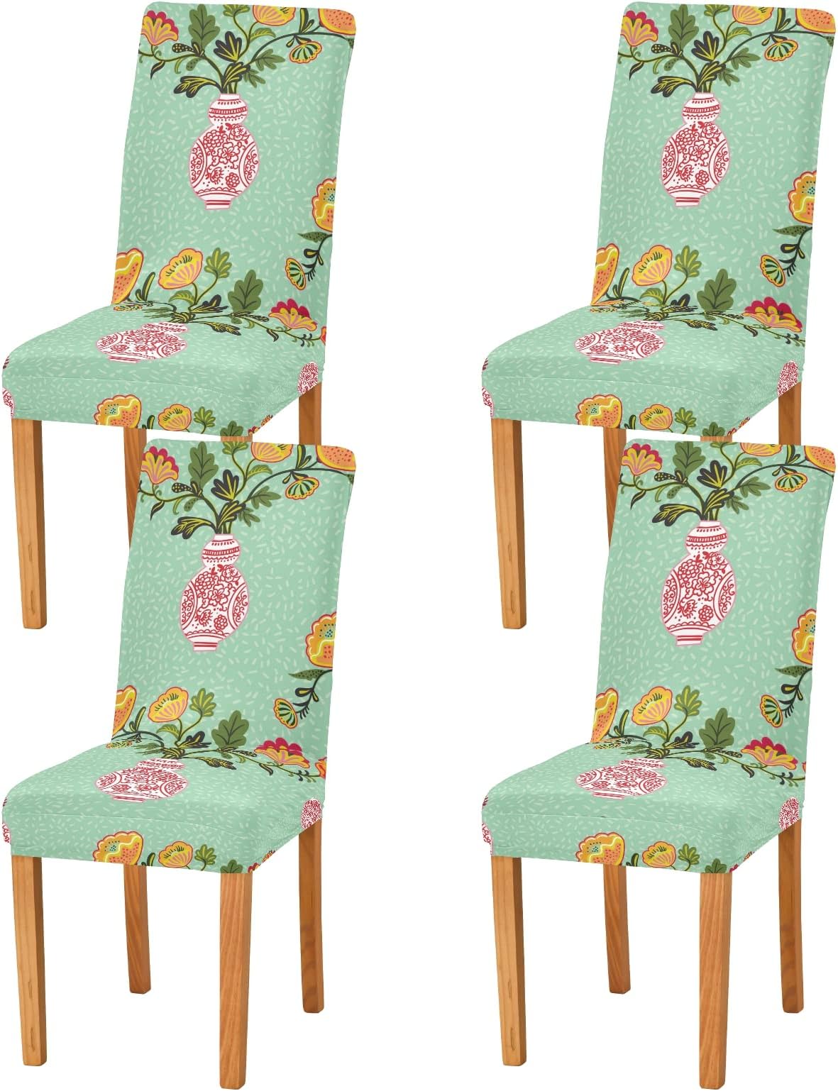 JUAMA Vintage Ink Vases with Flowers Chinoiserie Style Dining Chair Covers Stretch Dining Chair Slipcovers for Banquet Hotel Office Wedding Party Dining Room Set of 4