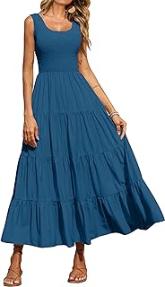 Women's 2025 Casual Loose Plain Maxi Sundress Smocked Tank Dress Sleeveless Summer Beach Tiered Long Dresses - Buy now