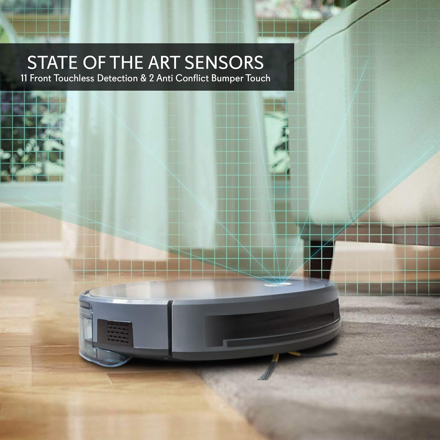 Image illustrating the PURE CLEAN Robotic Vacuum Cleaner's advanced sensors, with lines radiating from the robot to detect its surroundings.