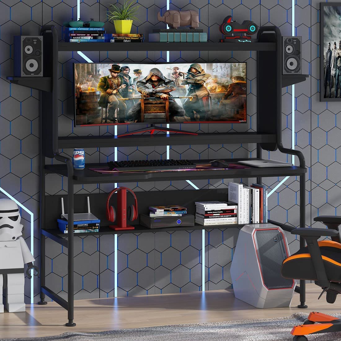 Tribeisgns Gaming Desk with Monitor Stand, Computer Desk with Hutch and Storage Shelves ，47 inches Gamer Desk Home Office Table