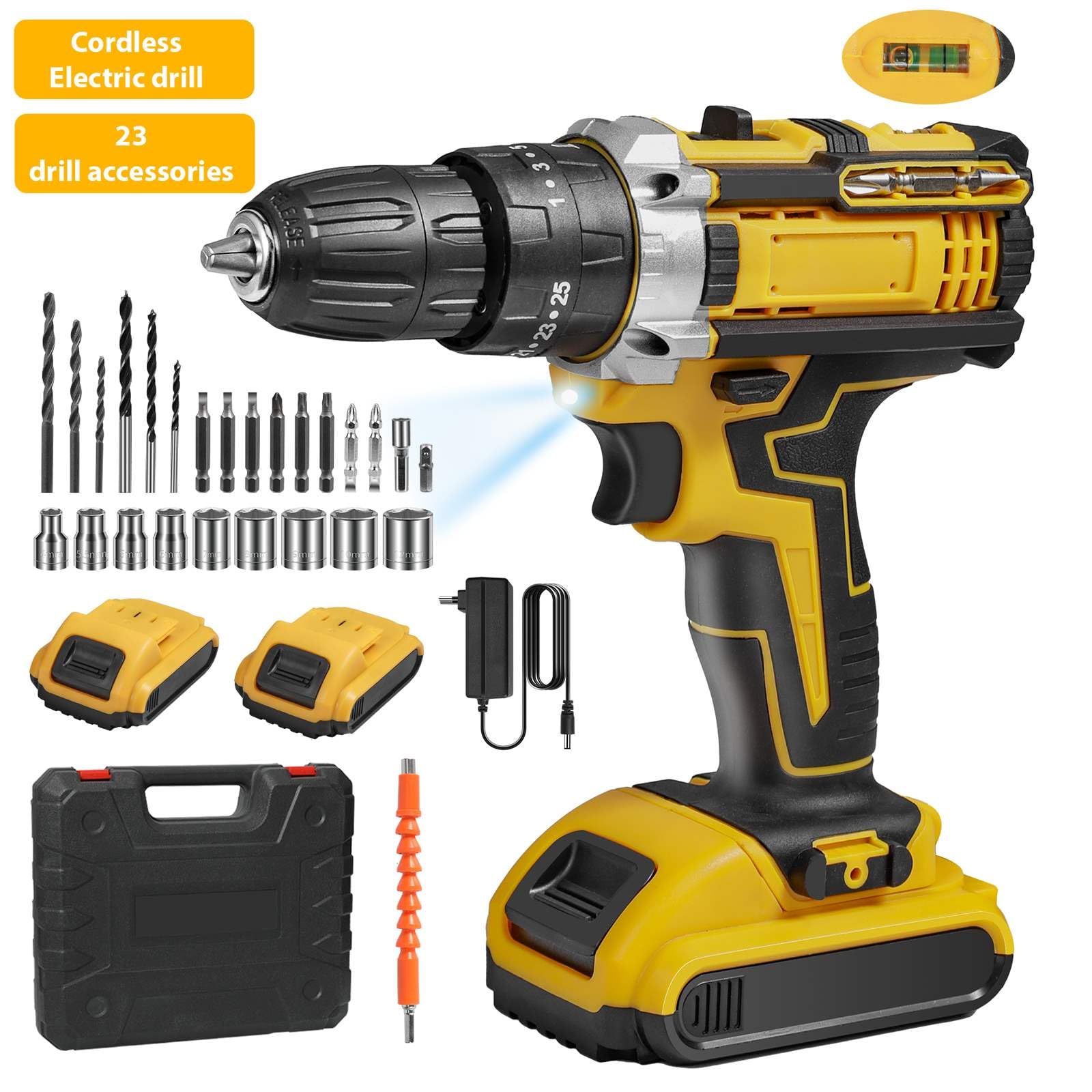 Perceuse Visseuse Sans Fil,18V Visseuse Devisseuse avec 2 Batteries,45Nm Perceuse Percussion,25+3 Réglages de Couple,2 Vitesses,24 Accessoires et Valise,LED Light,pour la Bricolage (2 Batteries)