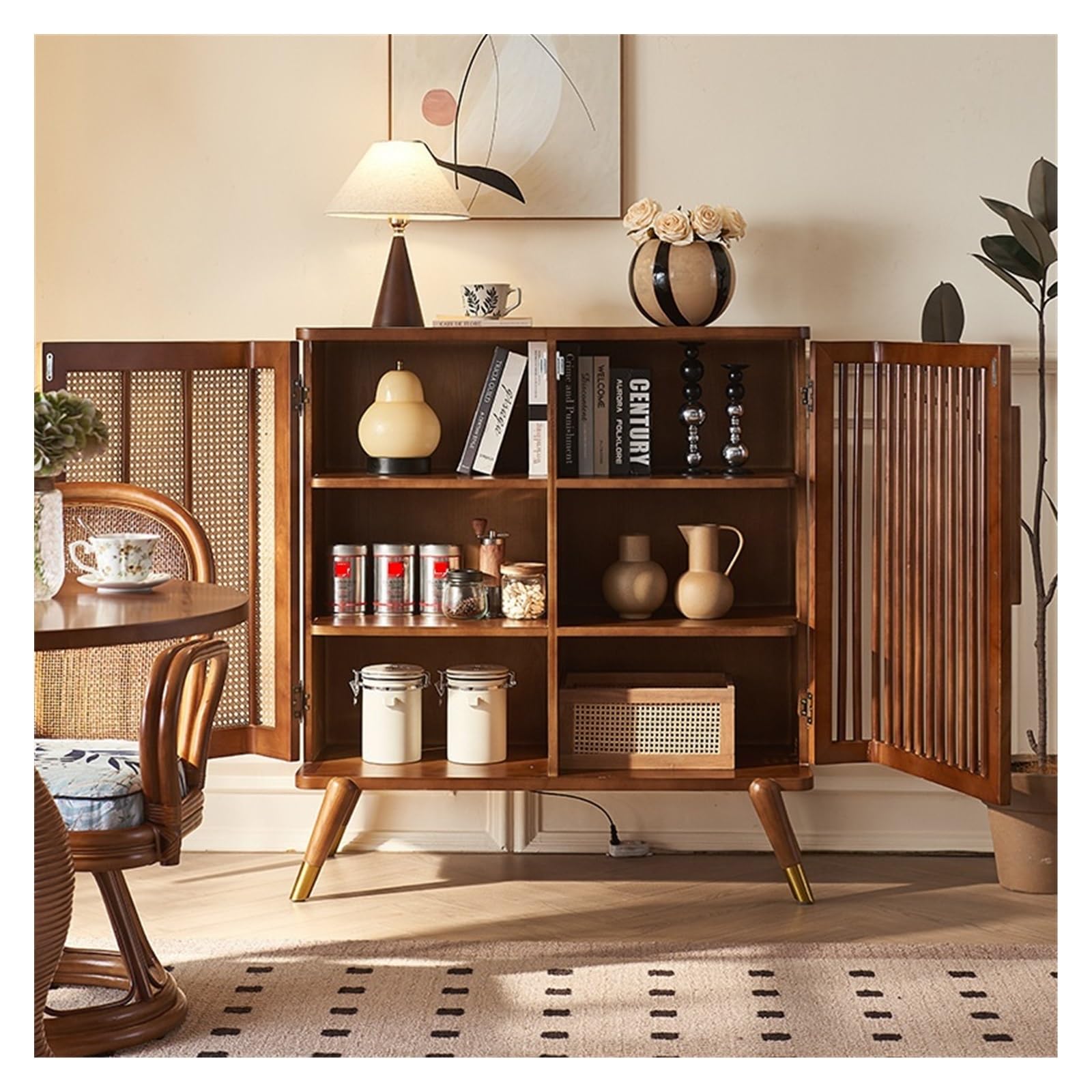 Armadio cucina Mobile contenitore for soggiorno con credenza in legno rattan stoccaggio