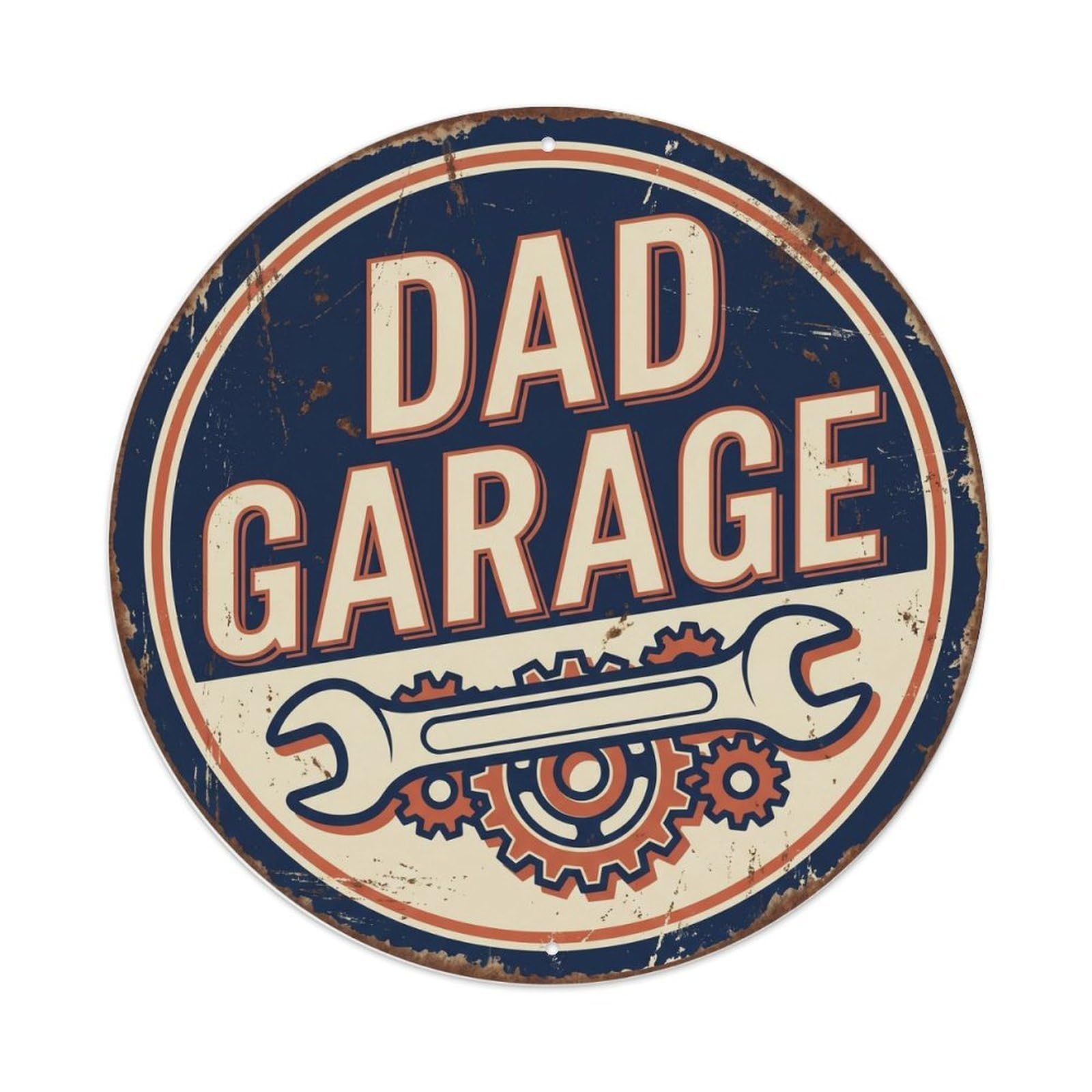 Dad Garage Mechanic Humor Workshop Tools Rustic Emblem Metal Tin Sign Plaque Wall Decor for Cafe, Man Cave, Club Bar, Office, Home Garden Round Metal Poster 8x8Inch