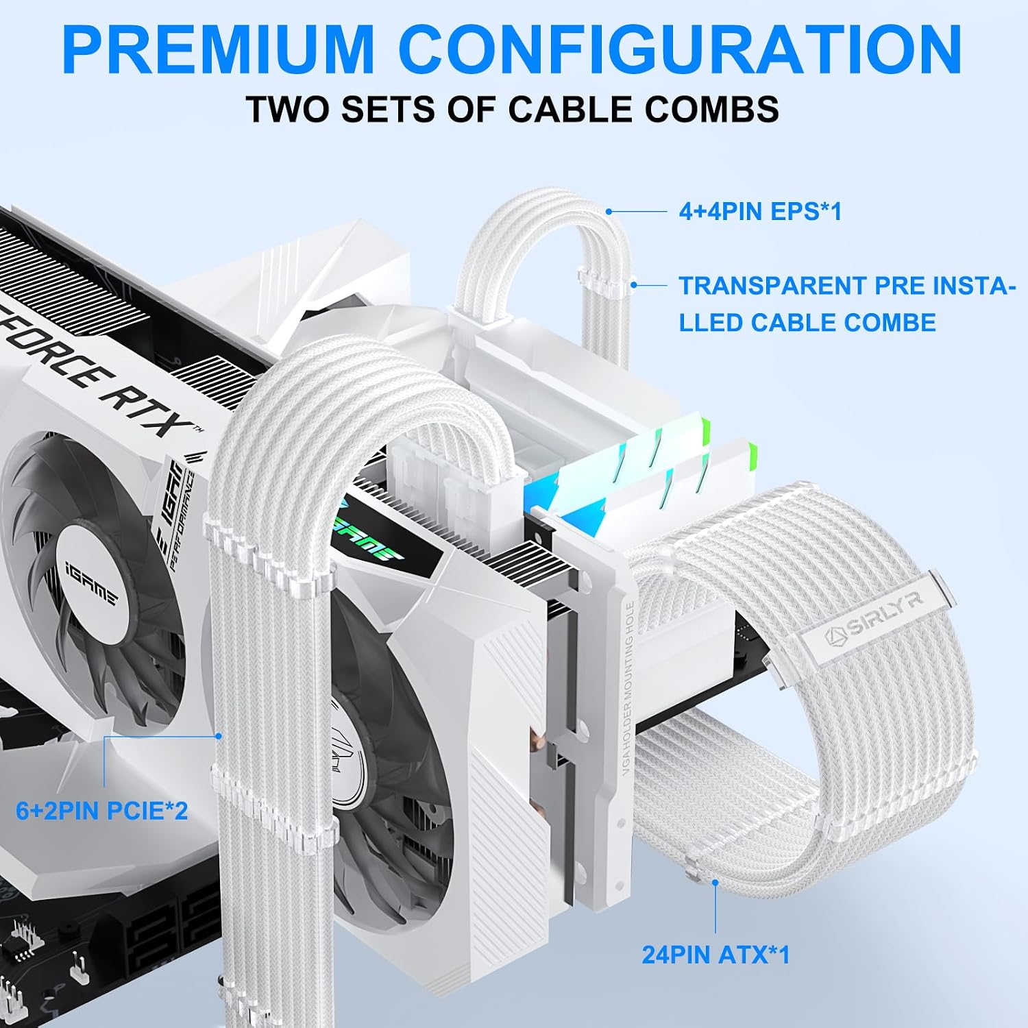 Sirlyr 16AWG White PSU Cable Extension Kit - Premium Sleeved Cables with Gold-Plated PCIe Connectors, Includes 24-Pin ATX, 8-Pin EPS, Dual 8-Pin PCIe & Two Sets of Cable Combs - 5
