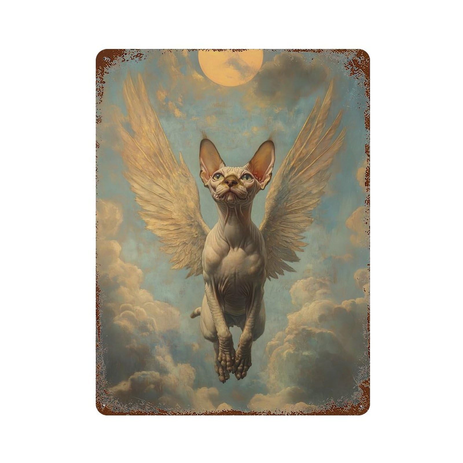 Winged Sphynx Cat Angelic Sphynx Cat Rust Effect Tin Sign 15.7"x11.8", Novelty Wall Decor for Garage, Pub Or Kitchen