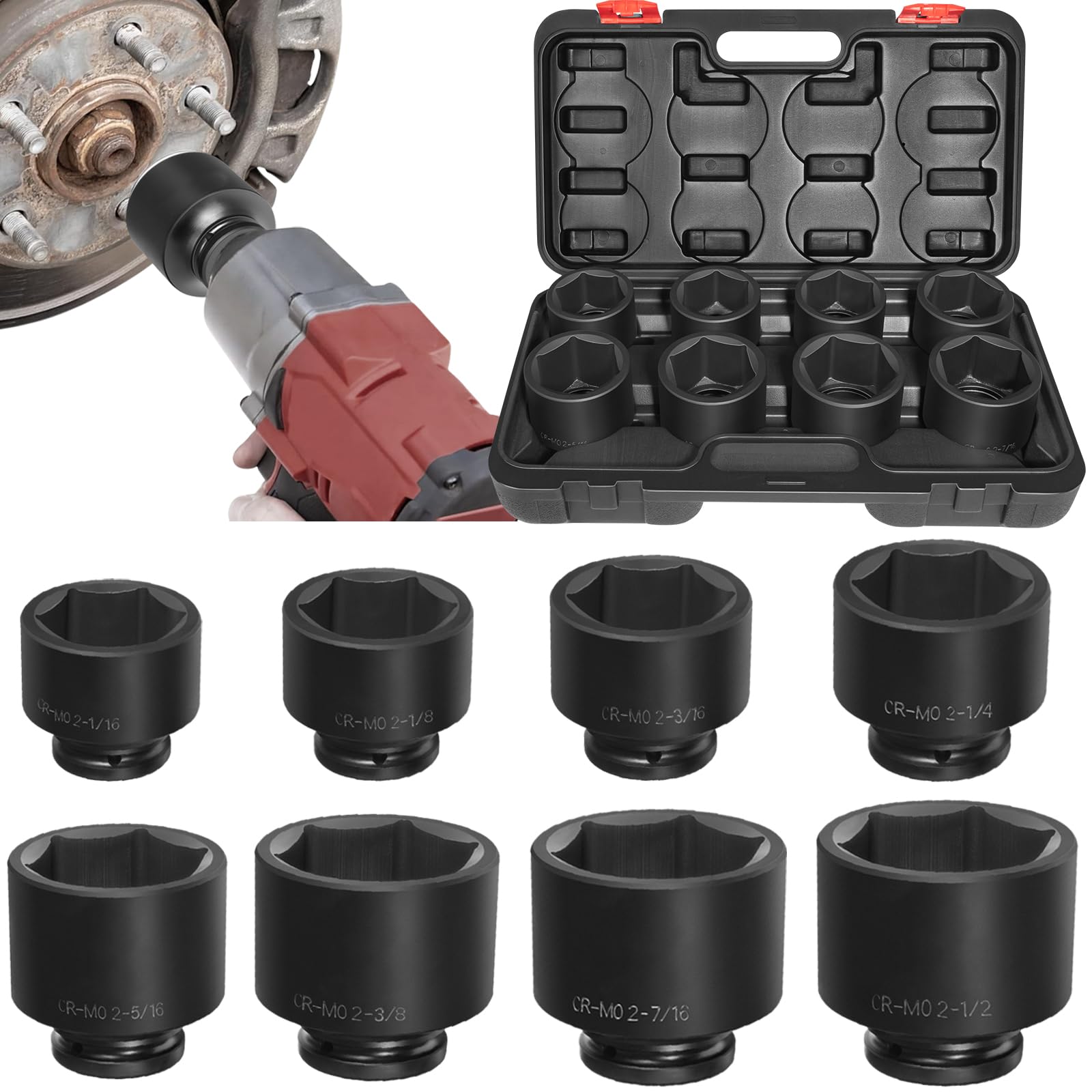 のっつ 3/4'' Drive Spindle Axle Nut Impact Socket Set, 8 Pack Large
