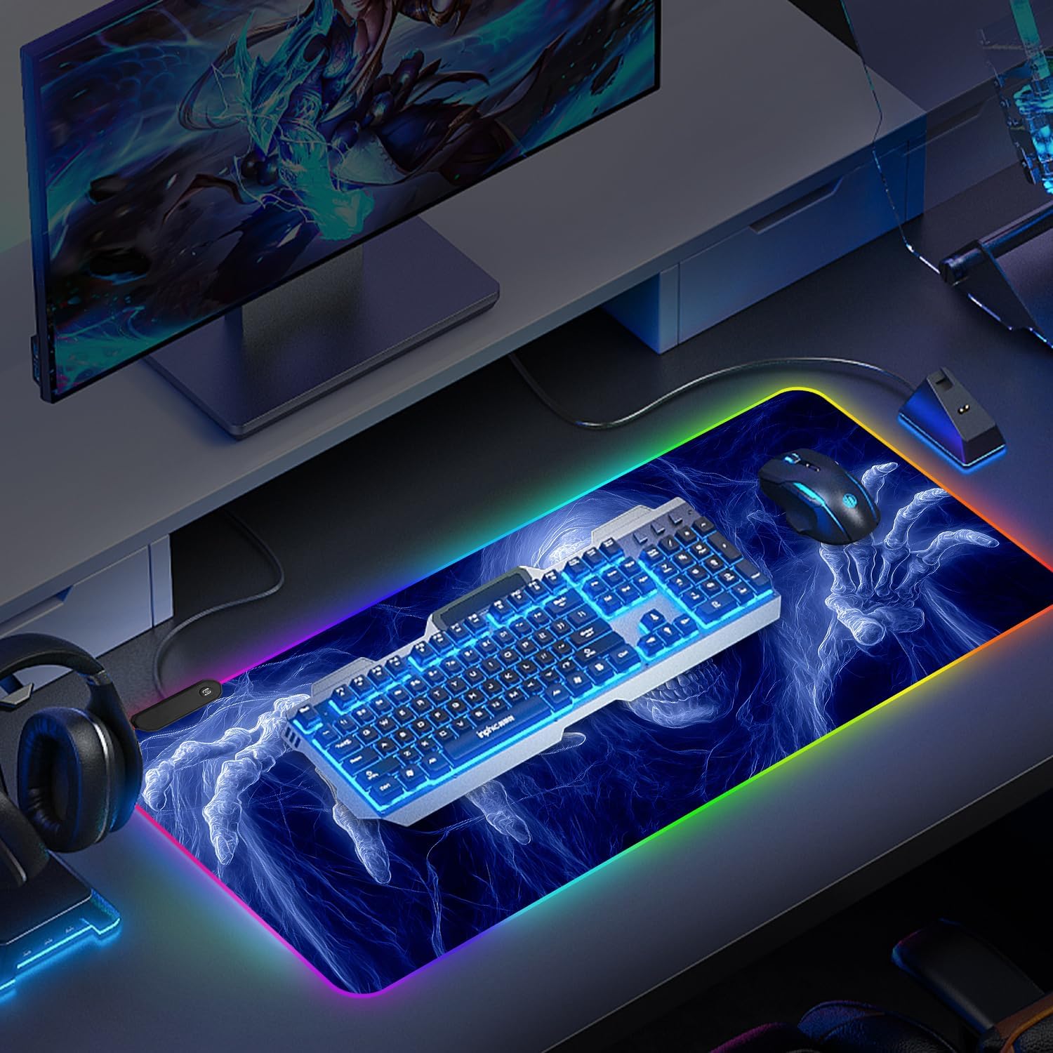 35.4 x 15.7 Inch RGB Gaming Mouse Pad – Blue Skeleton LED Backlit Desk Mat, Large Extended Size with Non-Slip Base, Customizable RGB Lighting for Gaming & Office Use