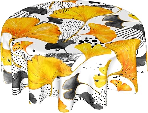 Mantel de hojas de ginkgo de otoño, mantel de hojas de otoño, color naranja, dorado, gris, negro, plantas, mantel redondo de arte moderno, 60