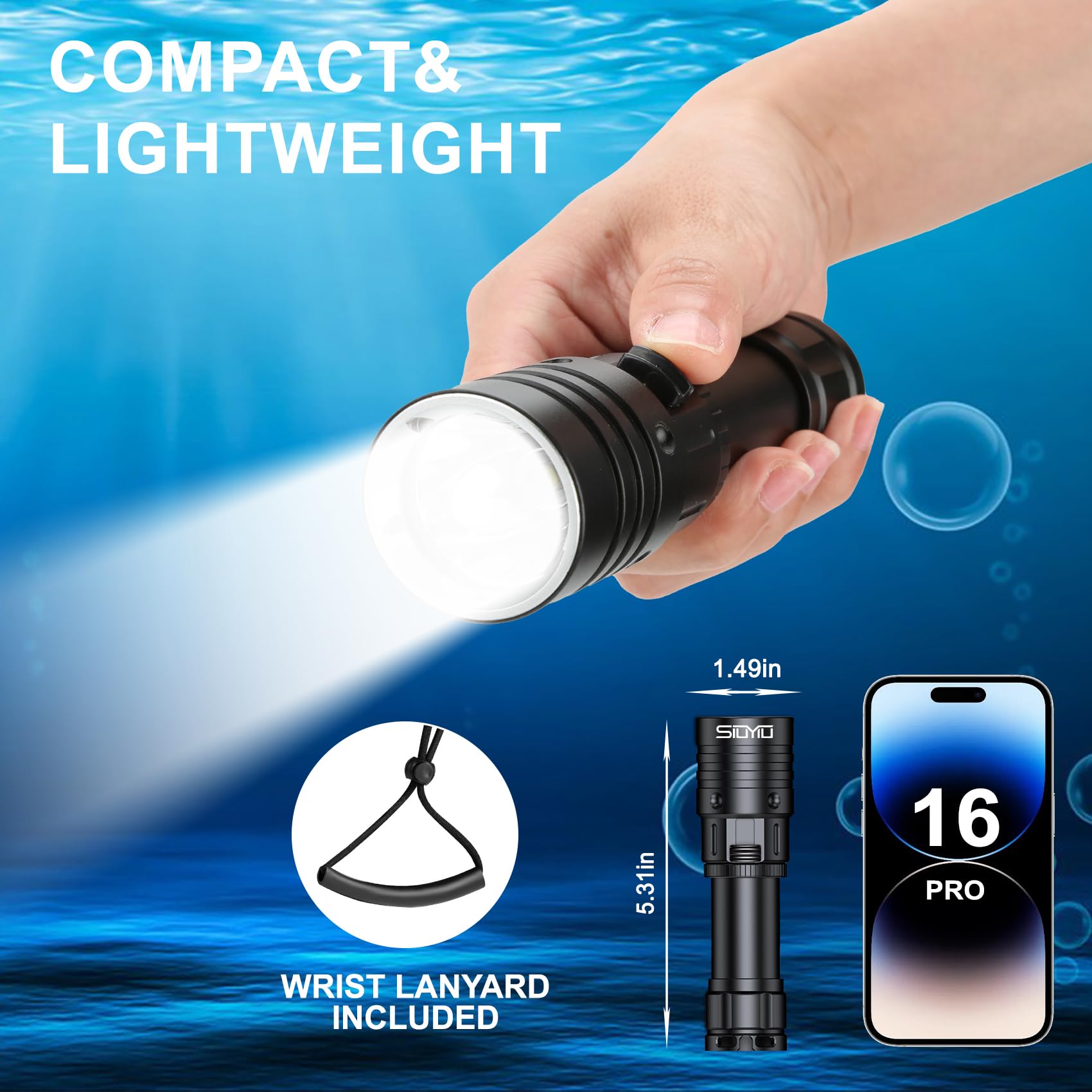 Lampe de poche professionnelle de plongée 2000 lumens - Étanche IPX8 - Chargeur USB rechargeable - En alliage d'aluminium - Pour plongée de nuit/grotte et utilisation d'urgence