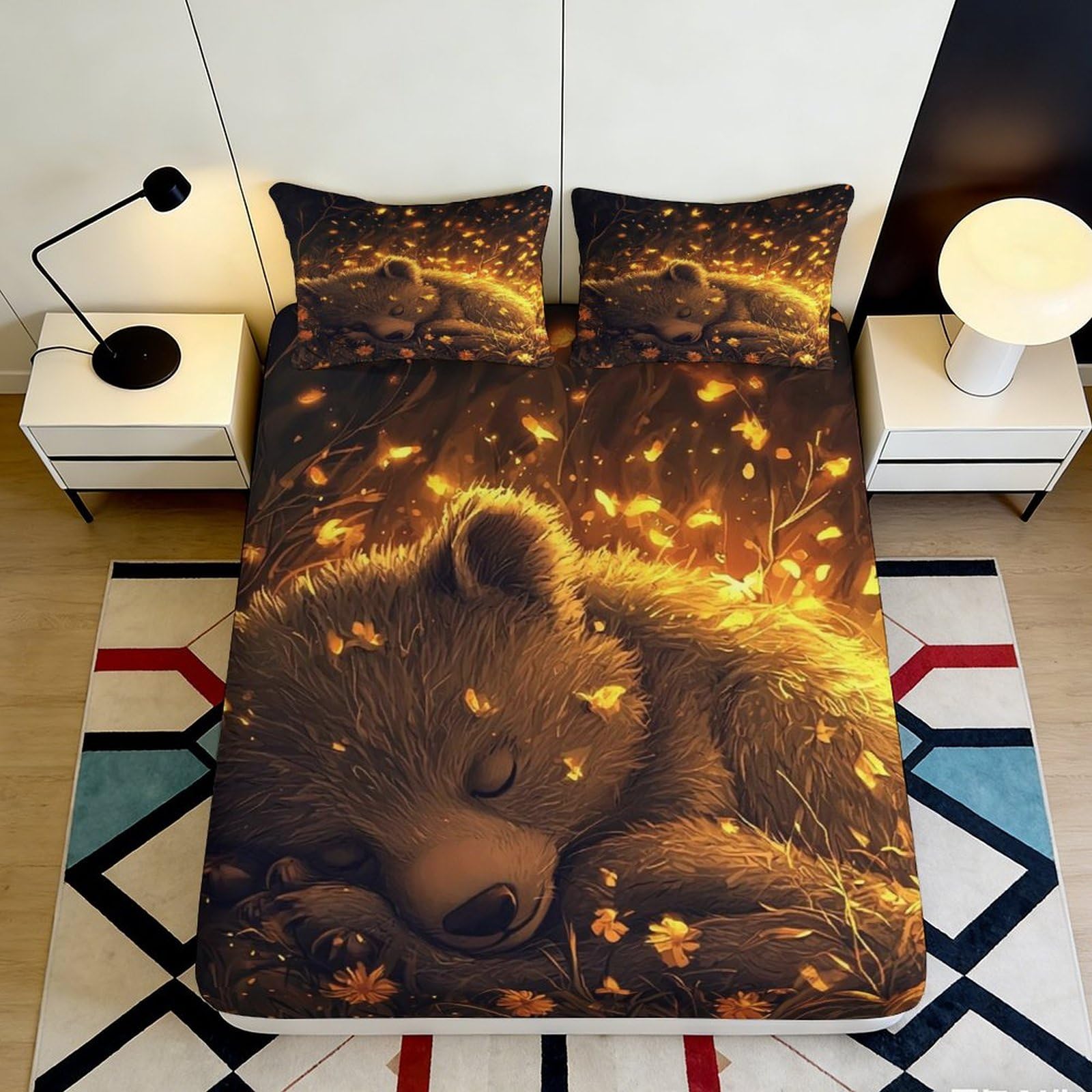 3D Printed Sleeping Bear Fitted Sheet Microfiber Soft Durable Autumn Leaves Bed Cover for Bedroom Dormitory Guest Room Mattress Protection 160x200x25cm