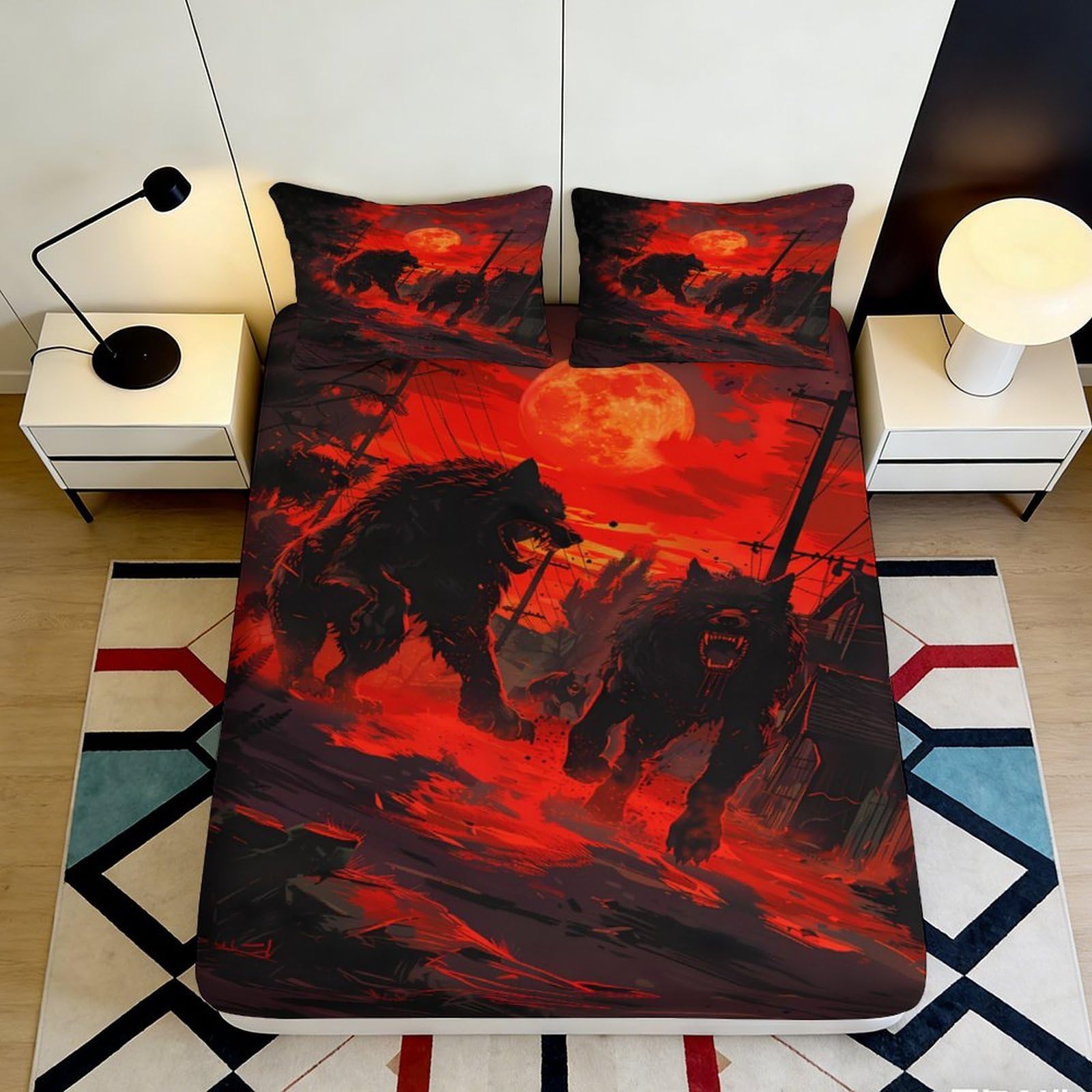 3D Printed Blood Moon Wolf Fitted Sheet Microfiber Red Night Howling Mattress Cover for Bedroom Dorm Decor Protector 180x200x25cm