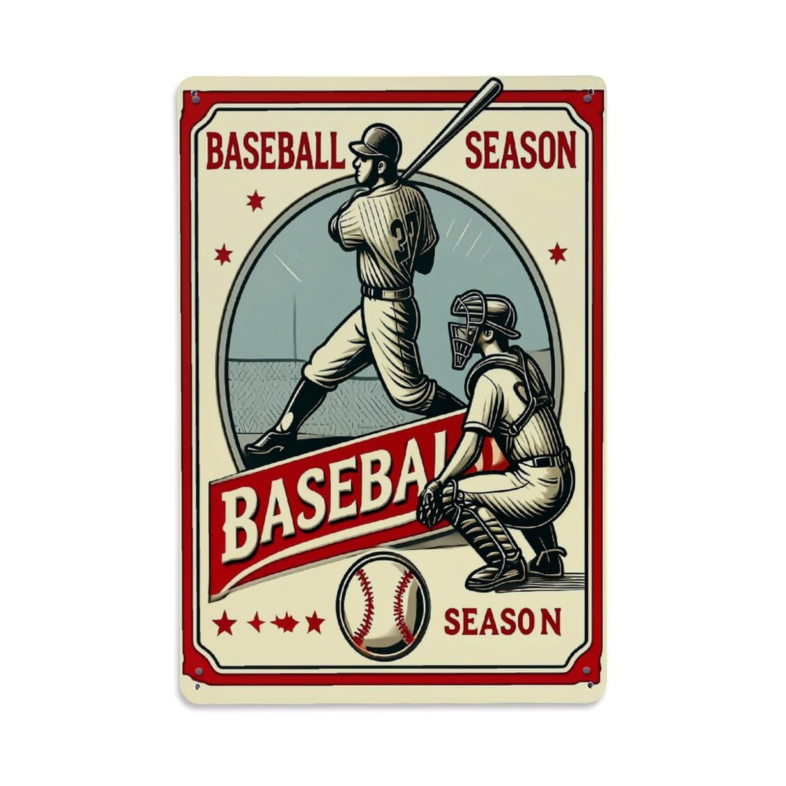 Baseball Player Catcher Ball Stars Tin Sign Metal Poster Vintage Metal Signs for Home Man Cave Bar Cafe Kitchen laundry room Wall Decorations Gift 8x12Inch