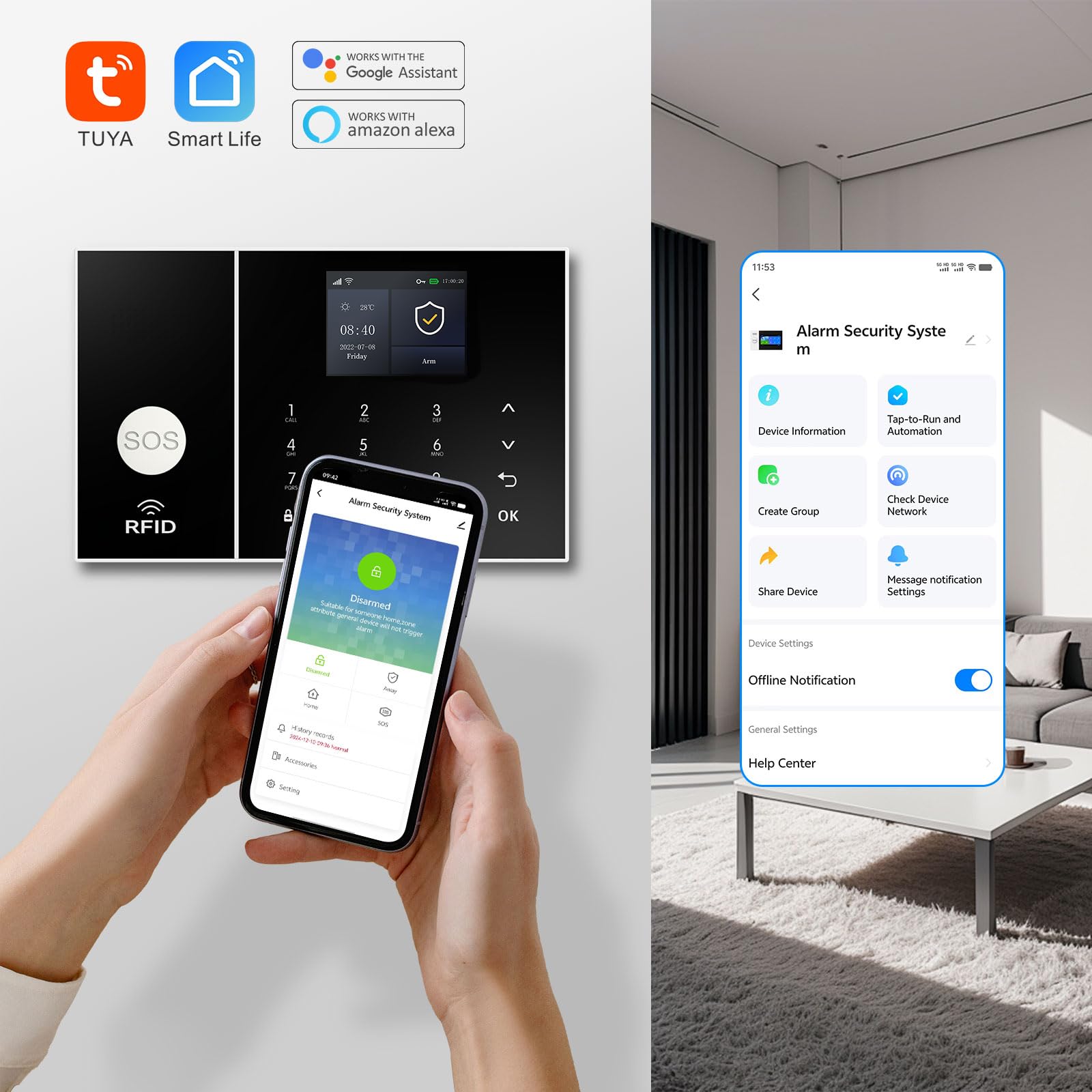 XNY Alarme Maison sans Fil Intelligent WiFi avec Caméra Surveillance Étanche IP66, 120db Sirène Kit Alarme Maison sans Fil 4G avec Caméra 1080P, Compatible avec Alexa et Assistant Google
